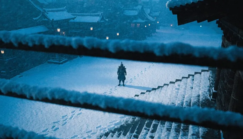 The creation board’s result: a figure on snowy temple steps, seen through a railing